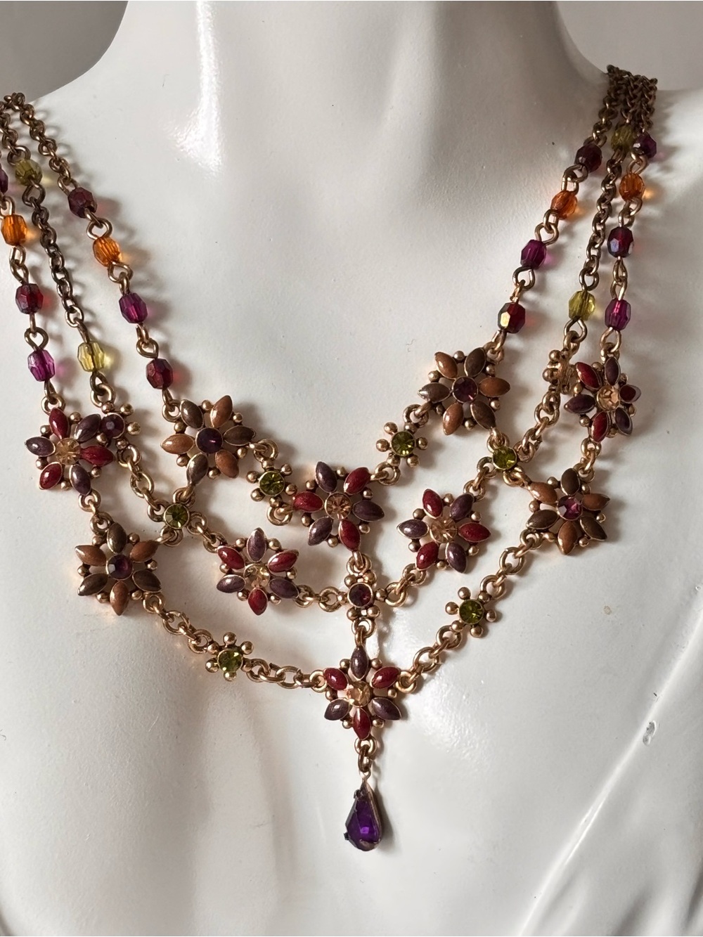 Avon Spice Blossom Necklace Floral Multi-strand Enamel Rhinestones Drop Pendant